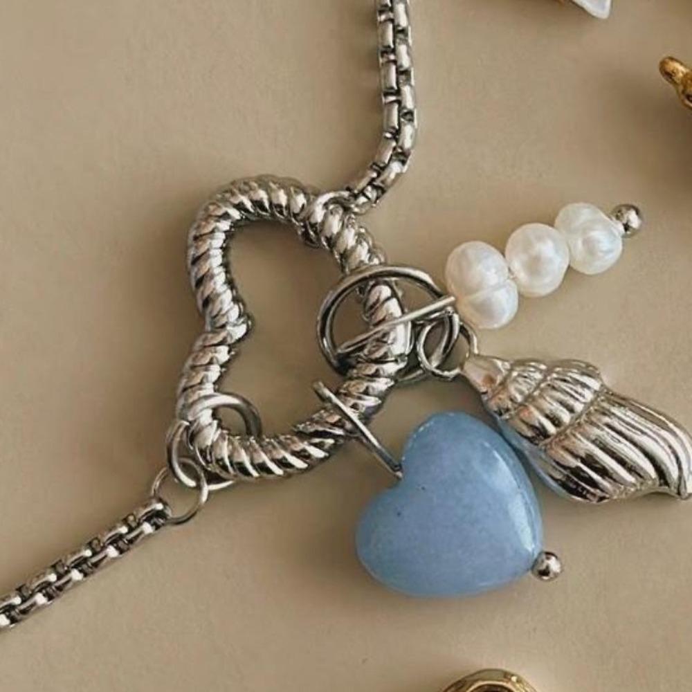 Stainless Steel Heart Beaded Necklace Crystal Flower Pendant Necklace  Vacation