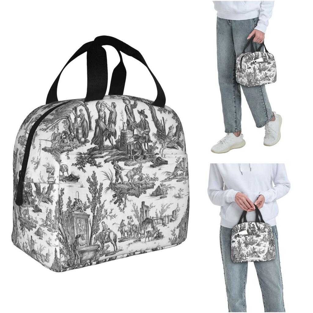 Black And White Toile De Jouy Insulated Lunch Bag for Women Children Leakproof Food Boxes Thermal Lunch Box Tote