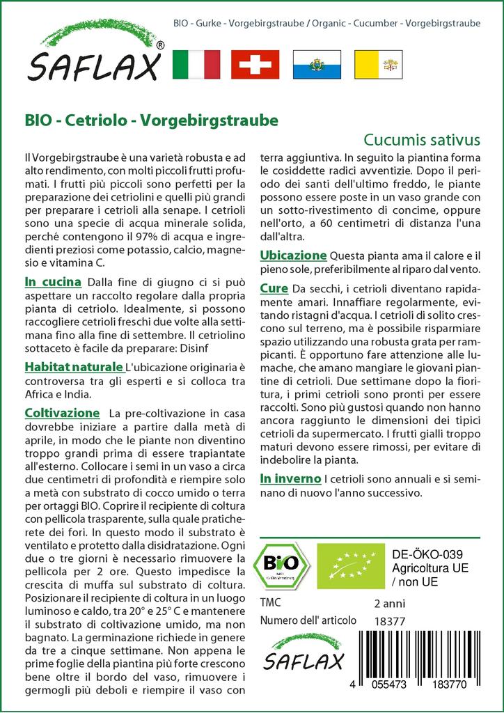 SAFLAX Garden in the Bag - Органический - Огурец - Vorgebirgstraube - 15 семян - С субстратом в подходящем стоячем пакете - Cucumis sativus