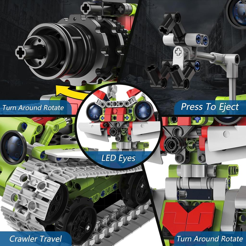 Набор для сборки робота 5-в-1 для детей, Образовательный набор строительных блоков STEM, Робот-конструктор/Гусеничный гонщик/Танк/Бульдозер с управлением с пульта и через приложение,