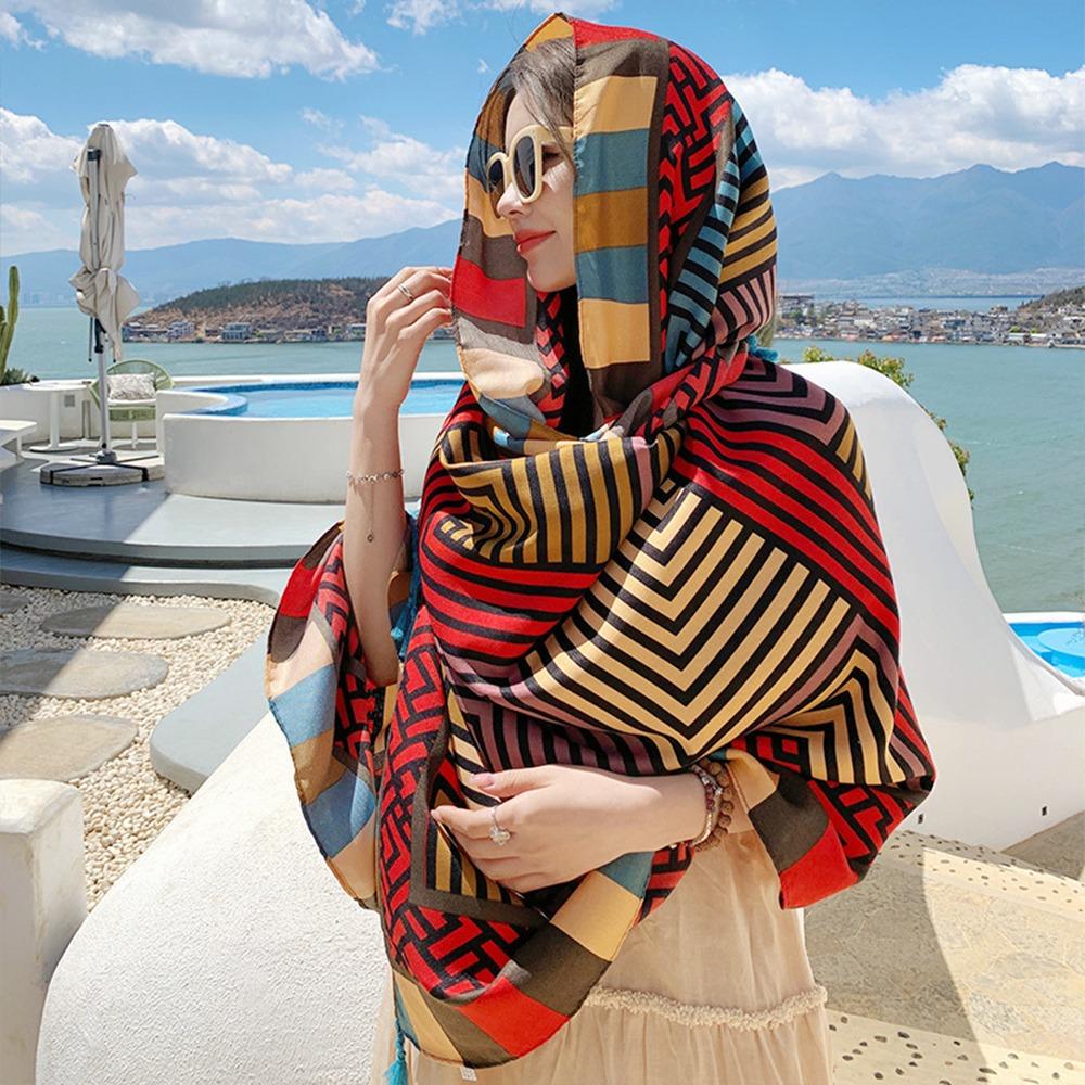 Пляжная шелковая шаль в стиле бохо, тонкая накидка на бикини, шикарный шарф, женская накидка