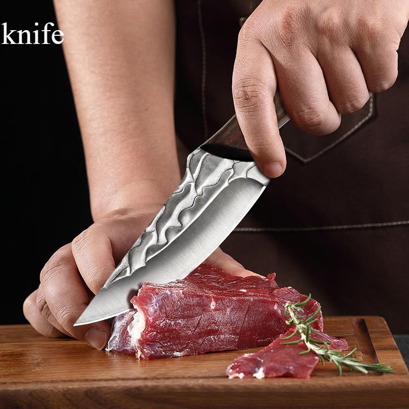 Hand Forged Kitchen Knife, Hammered Pattern Stainless Steel Blade, Ergonomic Solid Wood Handle, Sharp Utility Knife with Leather Sheath