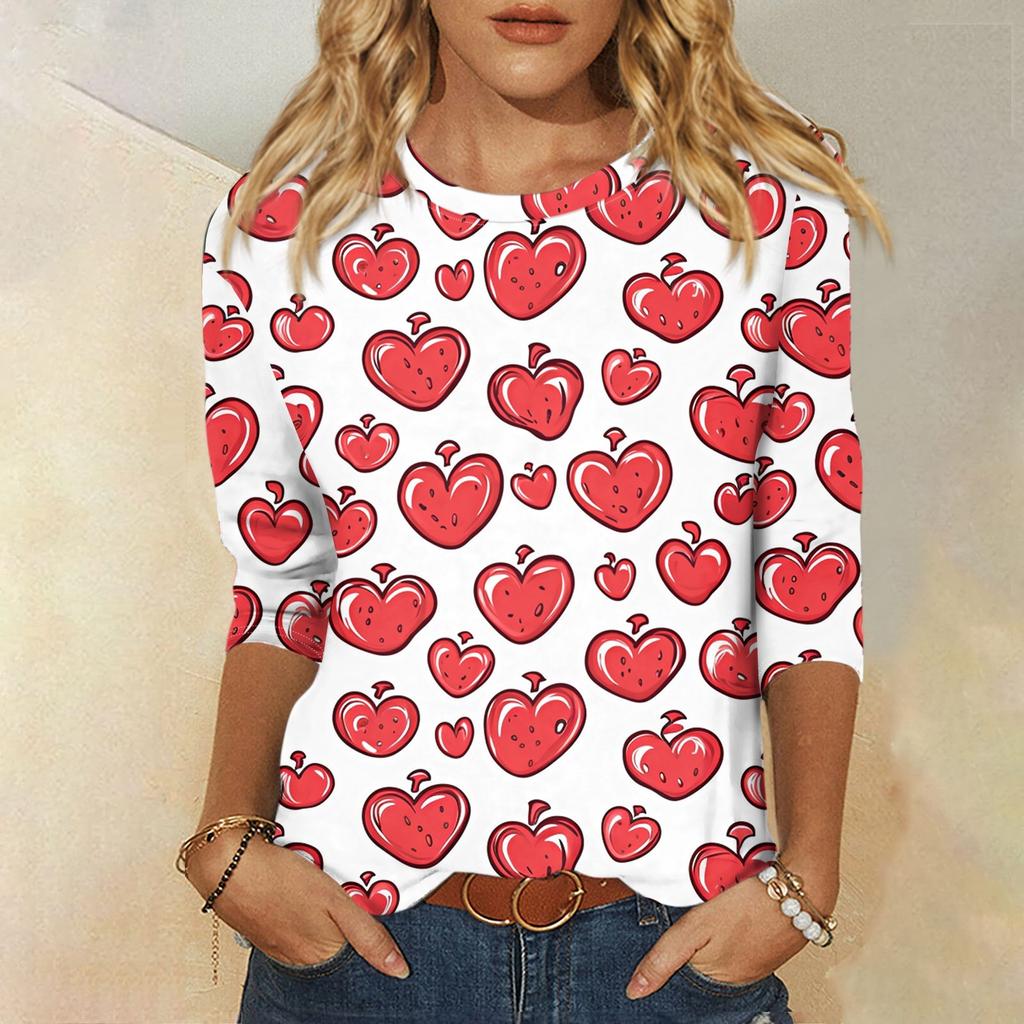 Женская мода, повседневная свободная футболка с принтом на День святого Валентина и круглым вырезом, рукав 3/4, женский топ