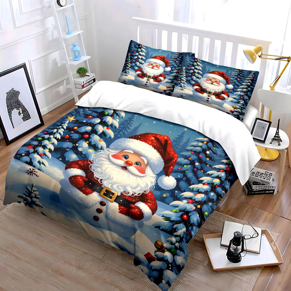 Santa Claus Christmas Snow Scene Bedding Duvet Cover Set Duvet Cover Pillowcases (1*Duvet Cover 2*Pillowcases, without duvet insert)