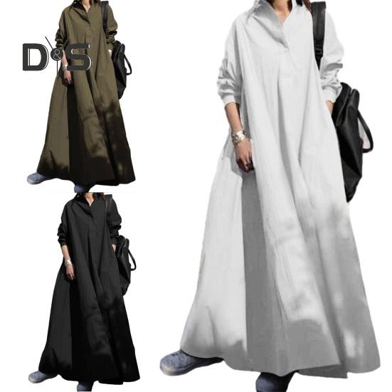 Женское платье-рубашка с длинным рукавом и V-образным вырезом, однобортное, однотонное, свободного покроя, повседневное, длинное, в уличном стиле