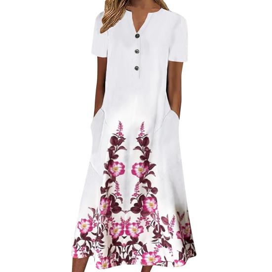 Длинное платье-футболка А-силуэта для женщин, застегивающееся на пуговицы, с V-образным вырезом и коротким рукавом, летнее повседневное пляжное платье-сарафан с принтом