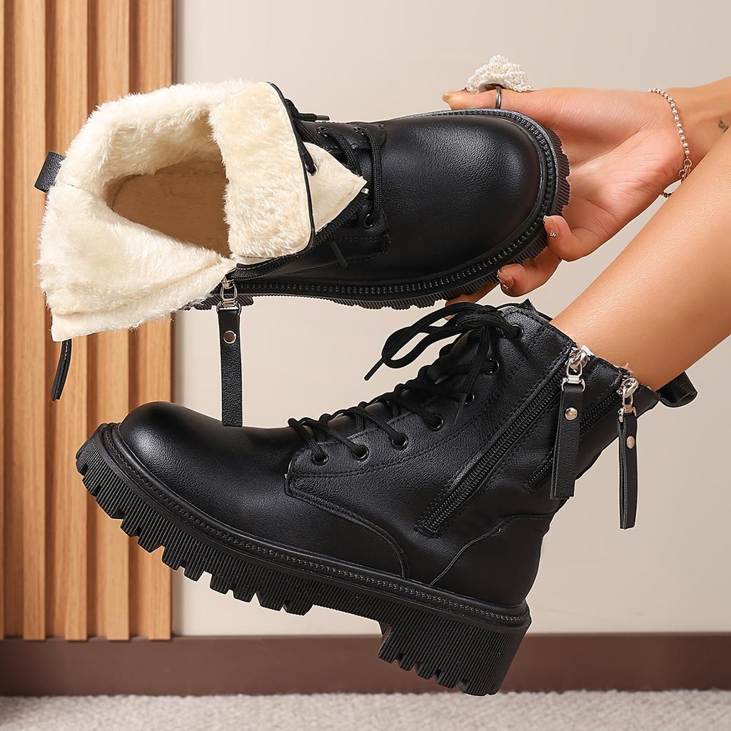 Women's Winter Fashion Ankle Boots - Cozy Plush Lined, Side Zipper, Round Toe, Non-Slip Sole, Casual Solid Color Booties