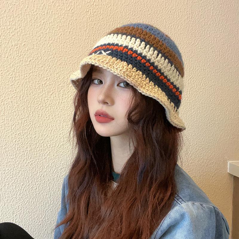 European and American wind wool contrasting colors striped bucket hat men and women autumn and winter face small versatile knitted hat warm hat big he