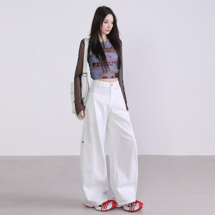 1119 autumn new retro old money style high waist and thin tooling casual pants women's loose straight wide-leg scimitar pants