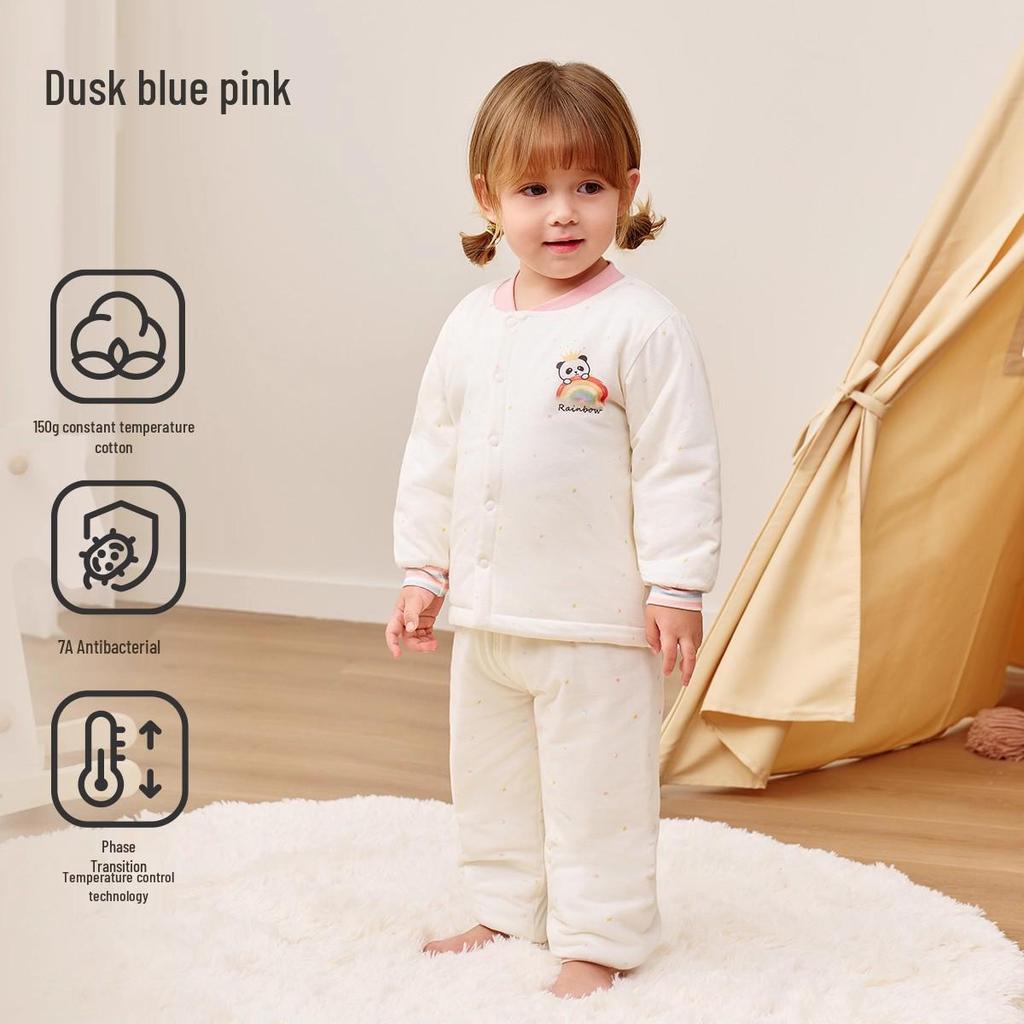 Детский пижамный комплект Jingqi из стеганого хлопка с высокой талией и защитой животика - Теплая, регулирующая температуру домашняя одежда для осени и зимы