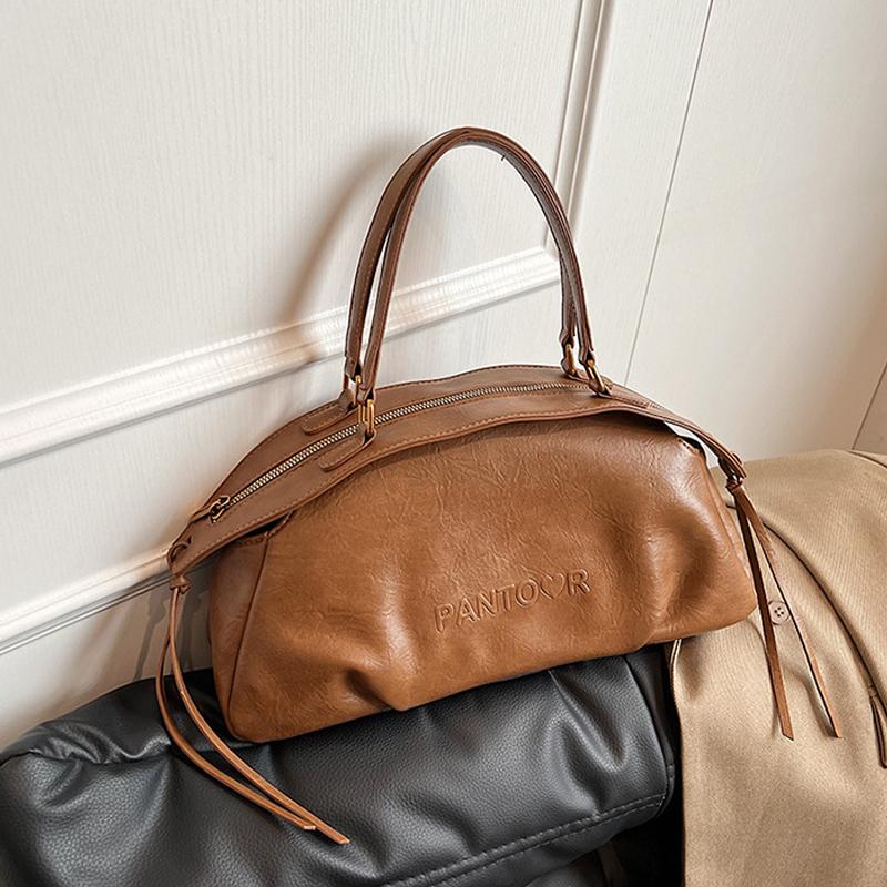 Осень Зима Женская Сумка Большая Вместимость Сумка Боулинг Повседневная Сумка Через Плечо Винтажный Стиль Коричневая Кожаная Сумка CLE