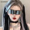 KLASSNUM Футуристичные узкие солнцезащитные очки-визор с одним стеклом для женщин и мужчин, лазерные очки, защита от УФ-лучей UV400, зеркальные линзы, очки для костюмированной вечеринки