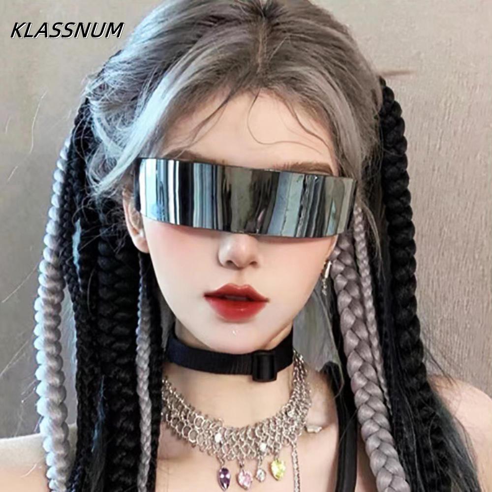 KLASSNUM Футуристичные узкие солнцезащитные очки-визор с одним стеклом для женщин и мужчин, лазерные очки, защита от УФ-лучей UV400, зеркальные линзы, очки для костюмированной вечеринки