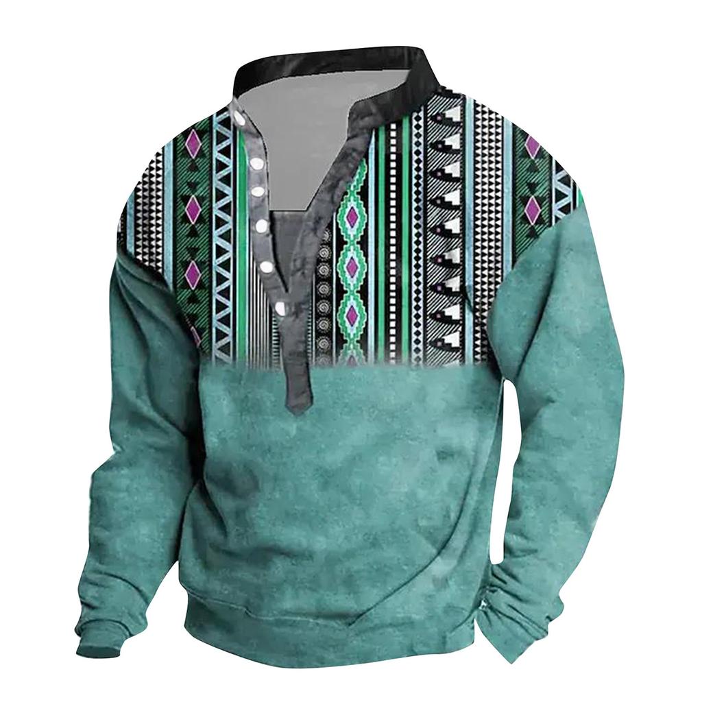 Мужской свитер с v-образным вырезом и воротником-стойкой с 3D цифровой печатью и винтажным воротником на 6 пуговицах