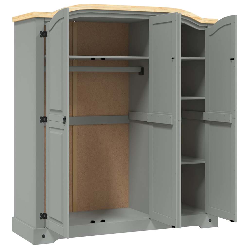 Mexican Style Wardrobe Pine Wood 3 Doors Gray
