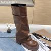Женские высокие ботинки на платформе Кожаные ботфорты до колена На плоской подошве Женская обувь Тренд 2025 Зимняя мода Платье Готика Ретро Мотоциклетные ботинки Mujer