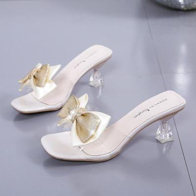 Женские шлепанцы, женская обувь на необычном высоком каблуке, однотонные летние шлепанцы с узлом бабочкой и кристаллами, большие размеры