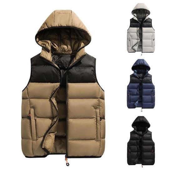Men Winter Cotton Vest Padded Thick Warm Sleeveless Hooded Loose Drawstring Pockets Zipper Closure Windproof Soft Warm Men Solid Color Men Waistcoat