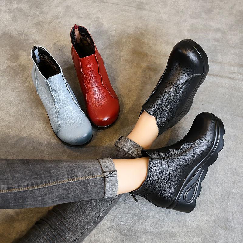 Шикарные туфли на танкетке, женские дизайнерские синие ботильоны из натуральной кожи для женщин, низкие каблуки, удобные туфли из коровьей кожи для мам, женские сапоги