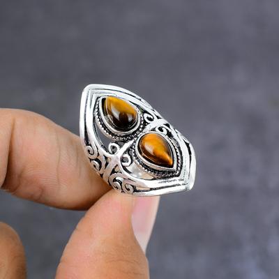 Кольцо из серебра 925 пробы с натуральным тигровым глазом, размер 9, L7J10