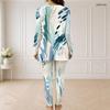 Women Plus Size Half Zip V Neck Long Sleeve Blue Green Printed Two Piece Set Long Top And Fitted Pants