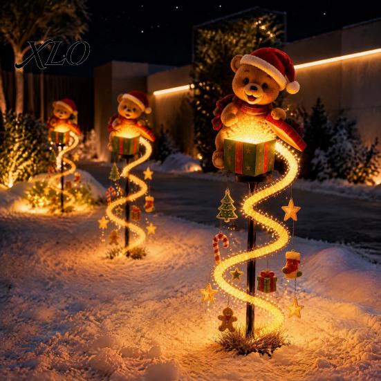 Solar Path Lights Christmas Garden Stake Light, Cute Gingerbread House/Elf Boy/Bear Outdoor Waterproof Festive Holiday Decor Pathway Lamp with Spiral