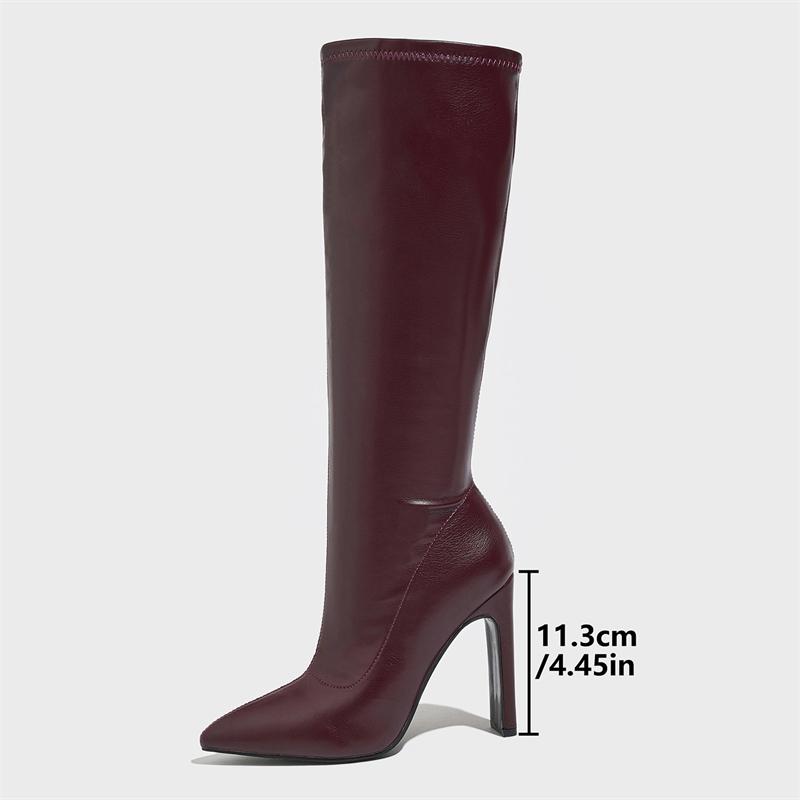 Осень Зима Мягкая Кожа Высокие Каблуки Сапоги до Колена Женская Мода Острый Носок Вечерние Туфли Обувь Zapatos De Mujer