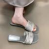 Versatile 2025 new fashion one-word slippers women's summer wear lazy fine flash low-heeled open-toed sandals high-end sense