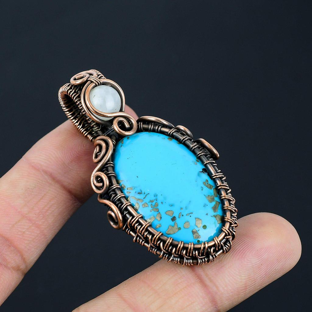 Turquoise & Moonstone Gemstone Handmade Pure Copper Wire Wrap Jewelry Pendant For Love