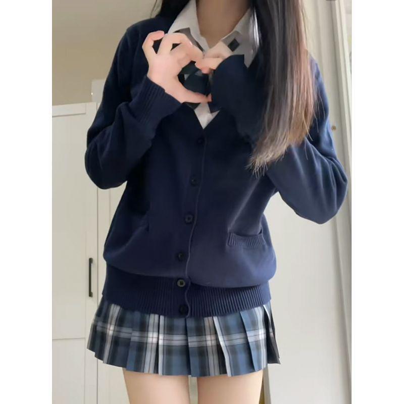 Navy Blue Japanese School Style Women's Cardigan Sweater for Autumn & Winter