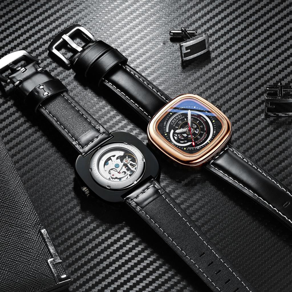 Роскошные квадратные полые полностью автоматические часы с подарочной коробкой, мужские механические часы