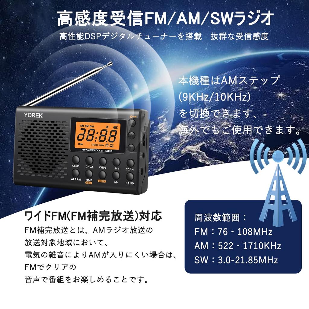 YOREK High Sensitivity Receiving Portable Battery Wide FM Compatible Small Radio with Sleep Stereo Earphones Included Instruction Manual AM/FM/SW