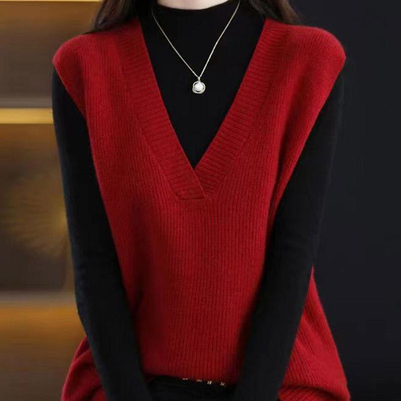 Женские жилеты свитера 2025 без рукавов V-образный вырез однотонный вязаный жилет свитер женские топы JJ116