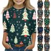 Christmas Day Print Tops For Youth Girls 5-16 Years Round Neck 3/4 Sleeves T-Shirts Trendy Tops Outfit Tees