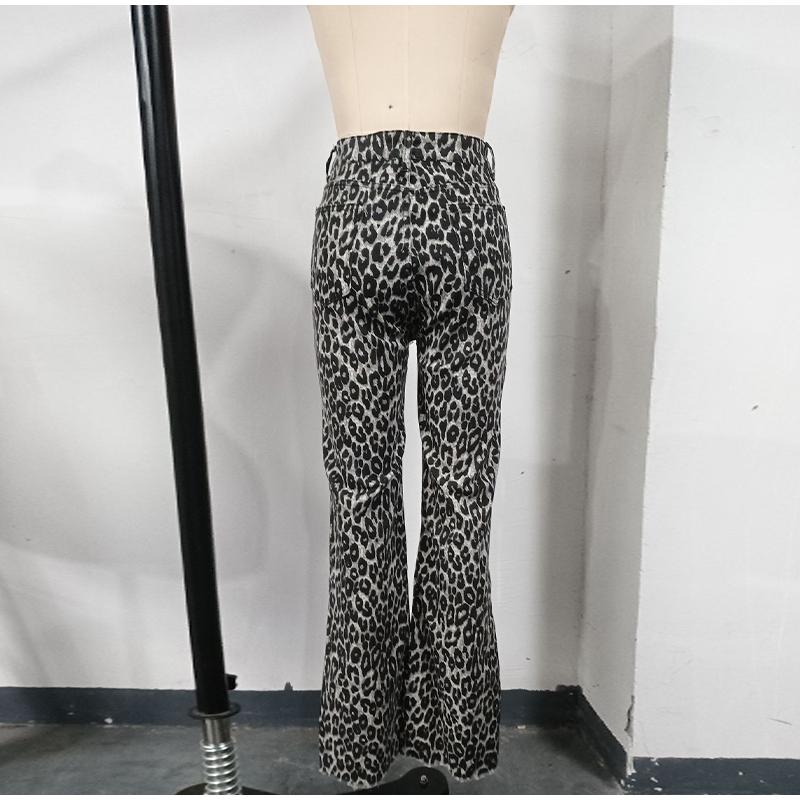 Elegant Grey Leopard Printed Jeans High Waist Straight Leg Vintage High Street Black Jeans Pants Women Formal Korean Retro