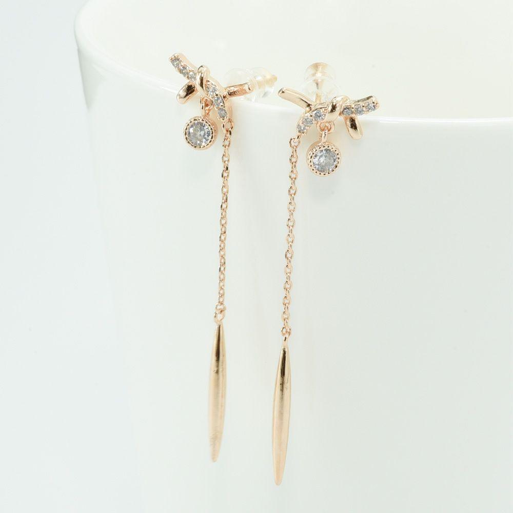 Long Silver Needle Daily Rose Gold Drop Earrings - 92.5 Silver Needle