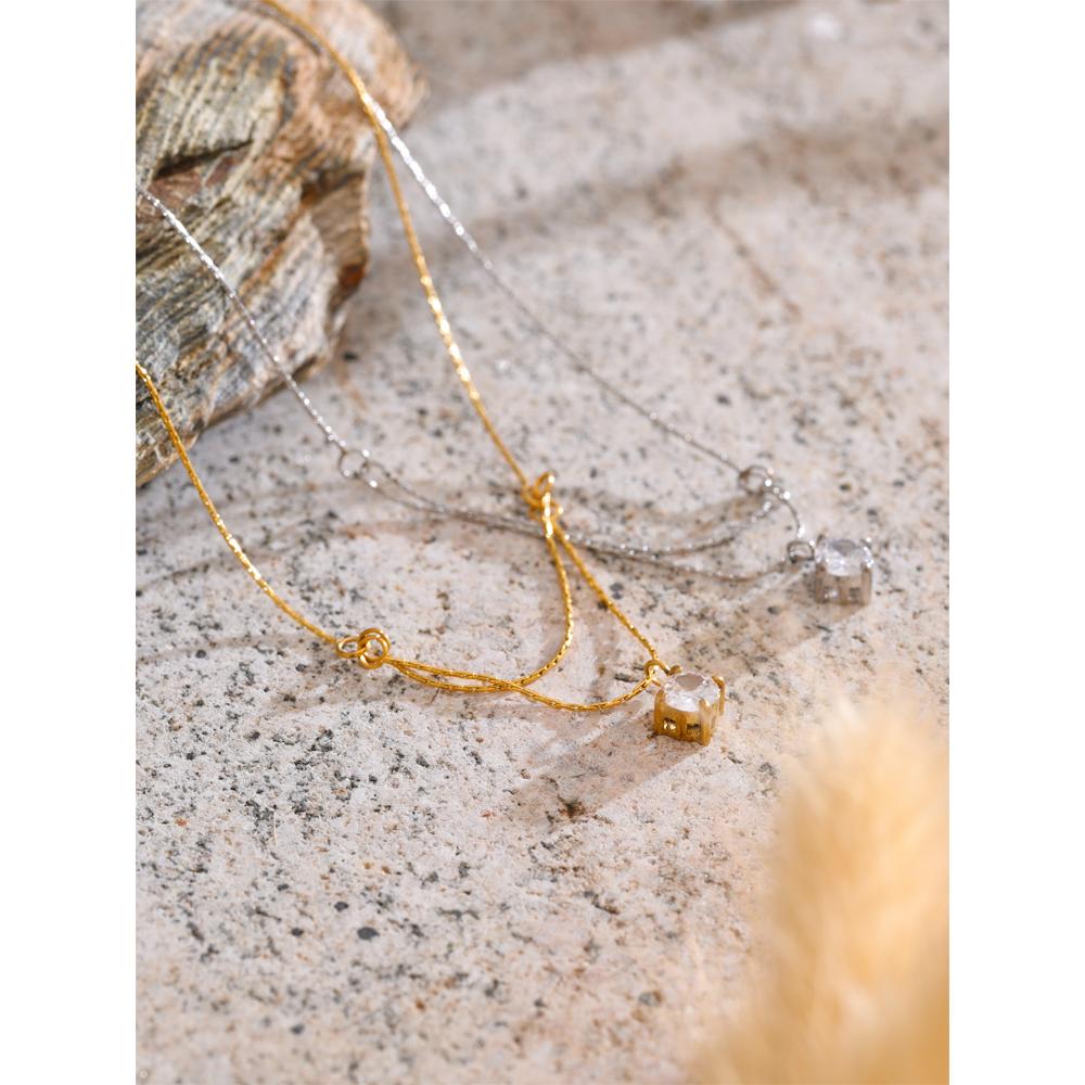 Yhpup Chic Stainless Steel Double-Layer Chain Zirconia Exquisite Pendant Necklace Temperament Fashion Daily Jewelry Waterproof