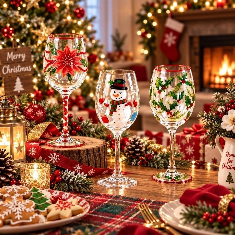 Snowman Clear Stemmed Cup 2D Hand Painted Red Wine Cup Christmas Wine Glass Home Bar