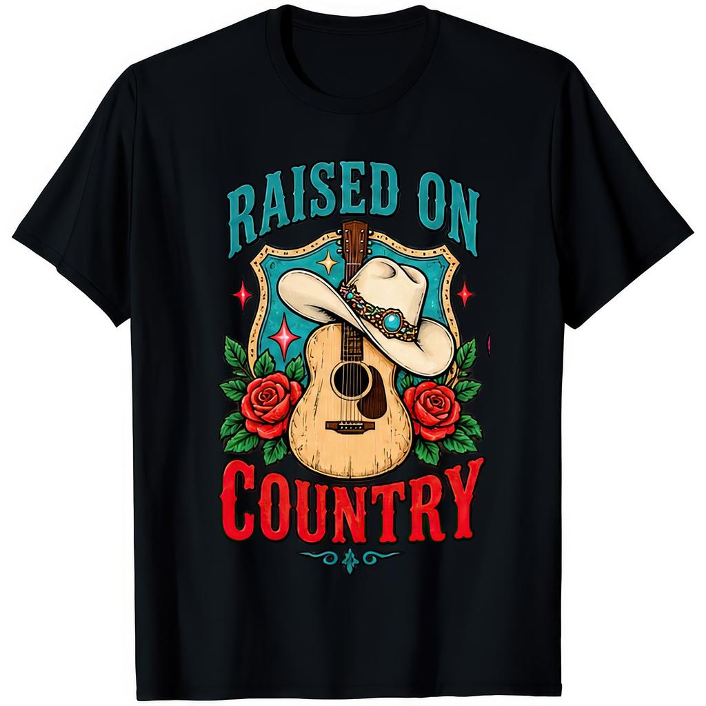 Raised On Country Music Guitar Cowboy Hat Roses Western Retro Gift T Shirt
