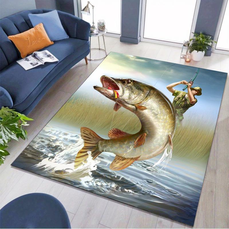 Big Fish Fishing Hunter Scenery Print Area Rug Non‑Slip Rectangular Floor Mat Fishing Lover Gaming Living Room Decor