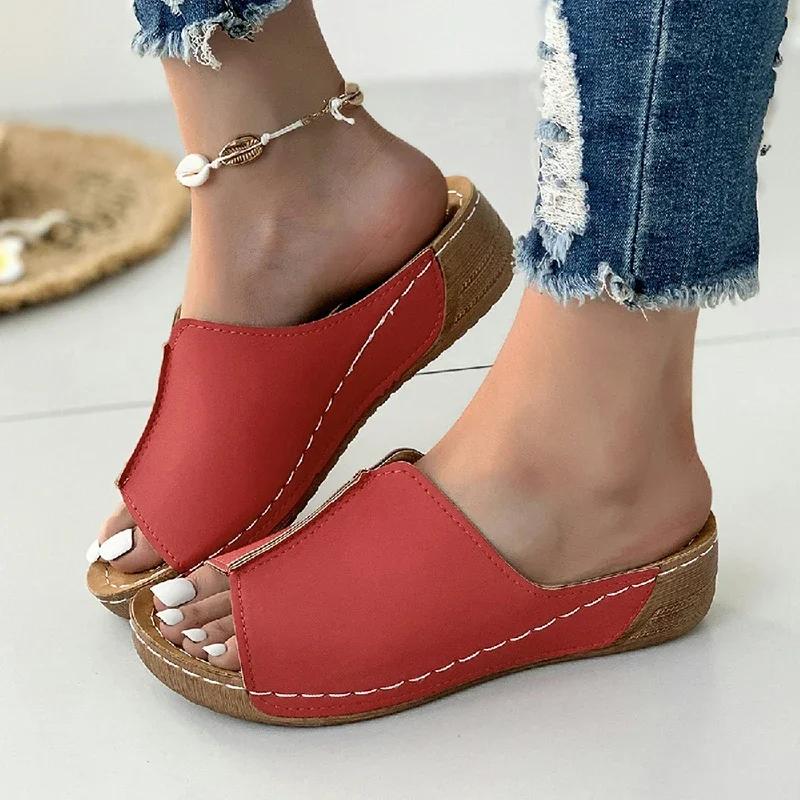 Fashion 2024 Summer Fashion Comfortable Mid-heel Casual Wedge Slip-up Women's Slippers