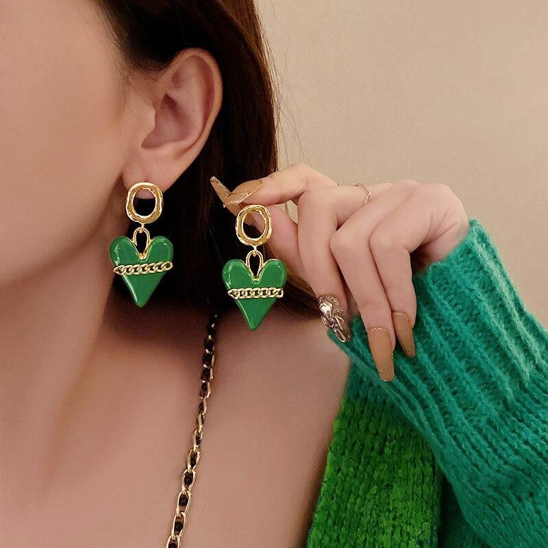 Trendy Style Fashionable Gorgeous Green Heart Metallic Dangle Earrings Latest Korean Style Brincos JewelryFashion Dangle