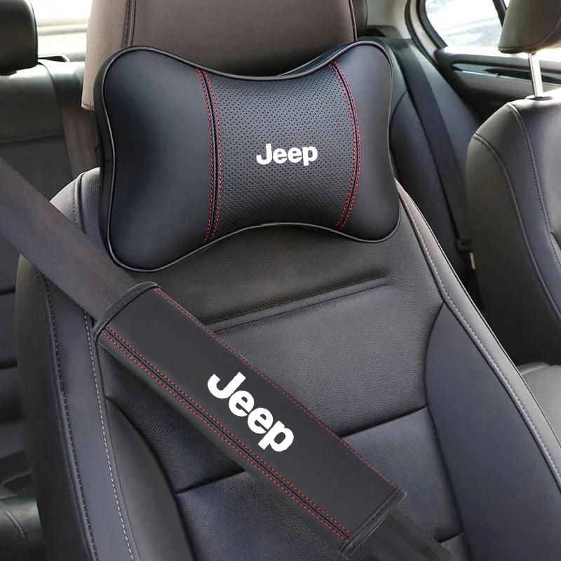 AIN4 Leather Car Headrest Neck Pillow Seatbelt Shoulder Pad Accessories For Jeep Renegade Wrangler Gladiator Grand Cherokee Compass