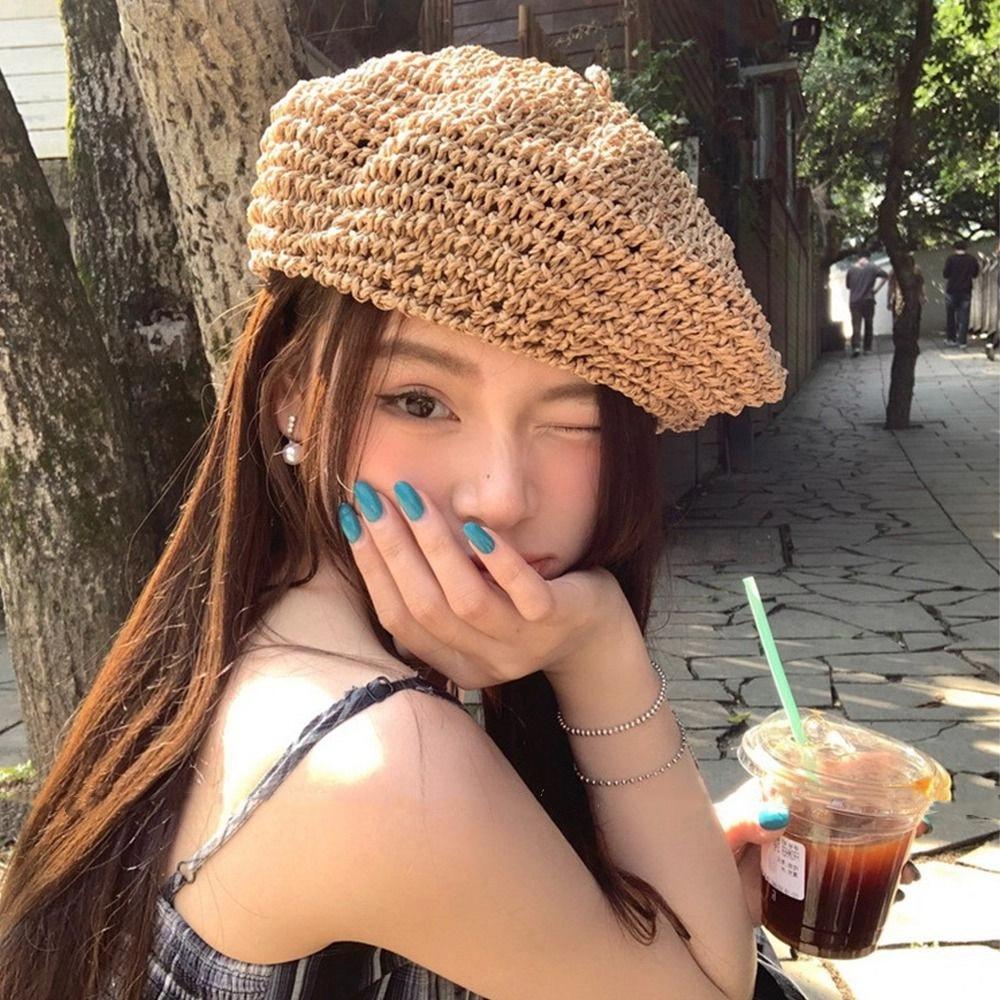 Ручной работы Соломенный берет Летняя шляпа художника Французская вязка Кепка Женская