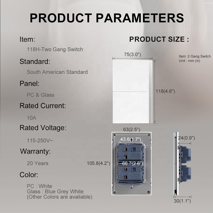 Mezeen Wall Switch PC Panel Big Rocker 2 Gang 1 2 3 Way Light Switch With Replaceable Glass Blue Grey White Margin