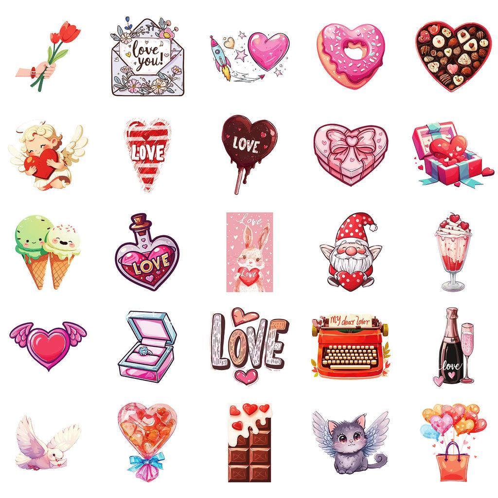 50 Pictures of Sweet Valentine's Day Waterproof Decorative Stickers DIY Suitcase Water Cup Refrigerator Camera Charging Bank