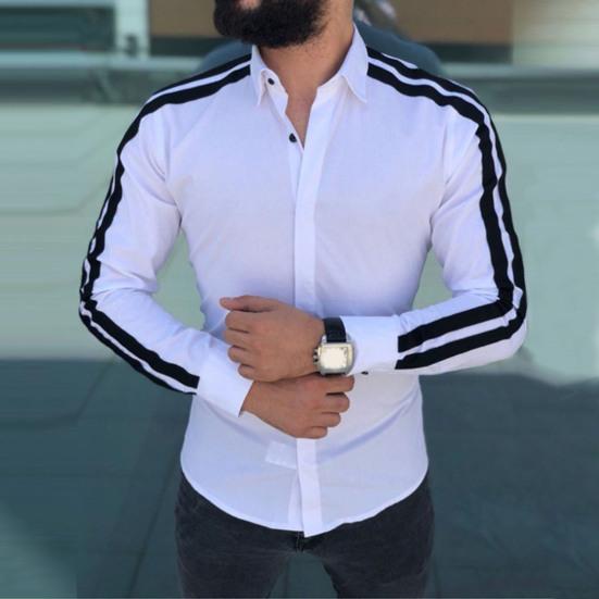 Long Sleeve Turn-down Collar Men Shirt Button Cuffs Side Striped Slim Office Shirt Leisure Clothing