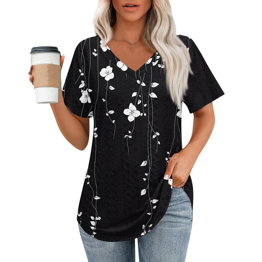 Womens T Shirts V Neck Short Sleeve Casual Tops Loose Fit Basic Tees With Curved Hem