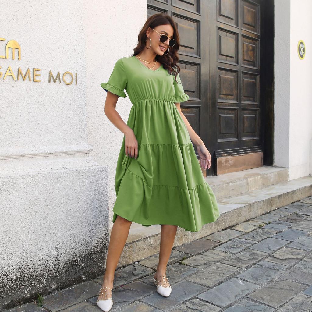 GMXIA Women's Fashion Summer Spring Solid Color Print Short Sleeve V-Neck High Waist Casual Dresses