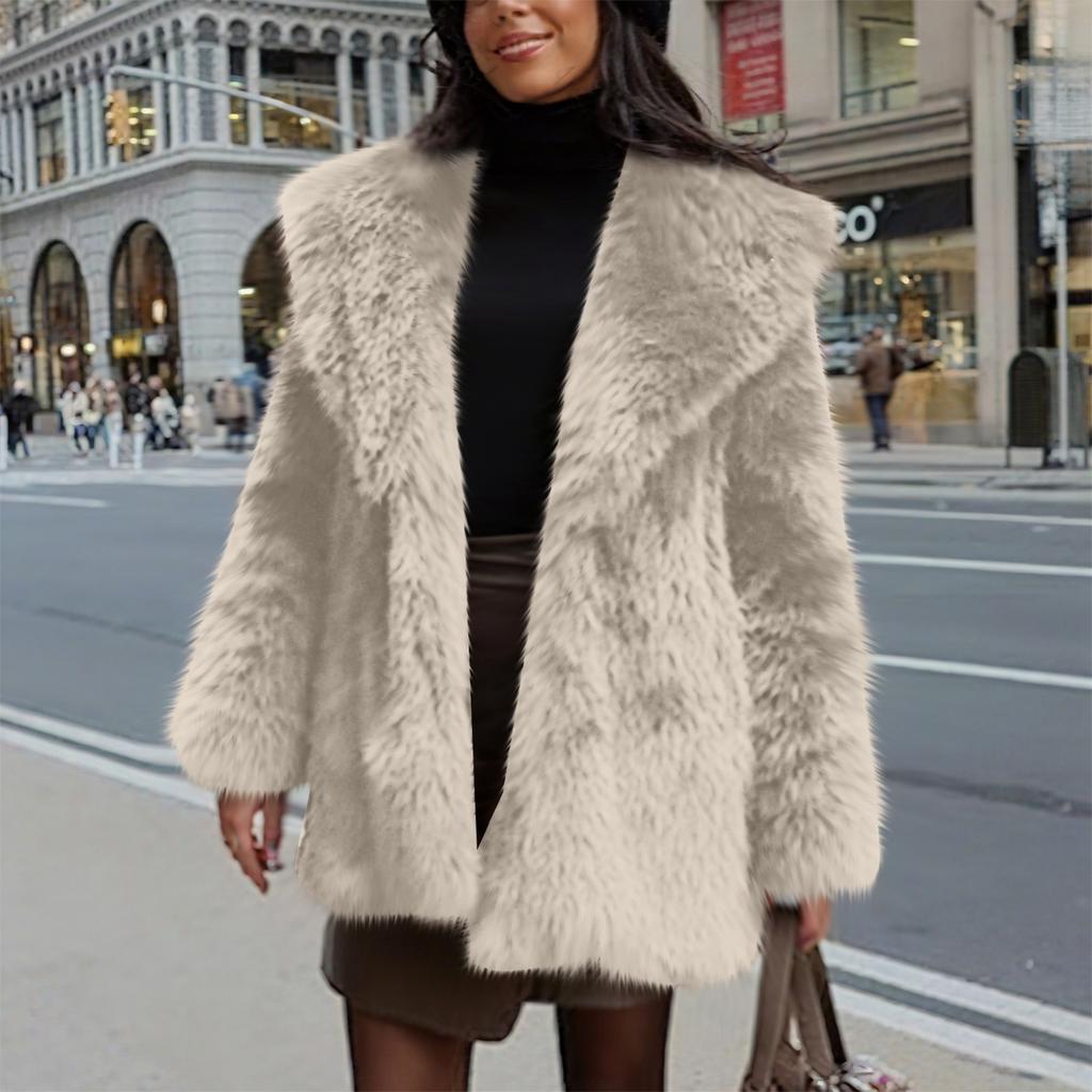 Women's Fashionable Warm Long Sleeve Solid Color Furry Collar Coat